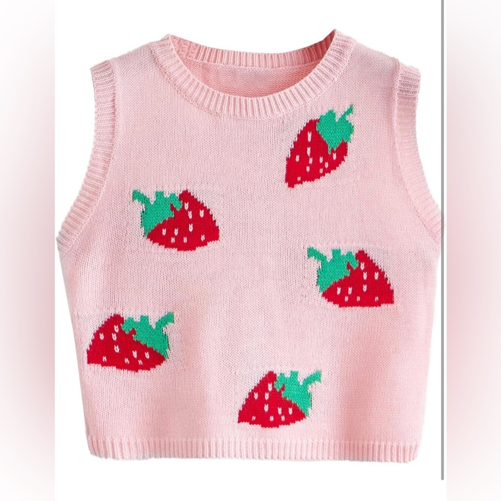 Sleeveless Strawberry Sweater Vest Crop Shirt Top
